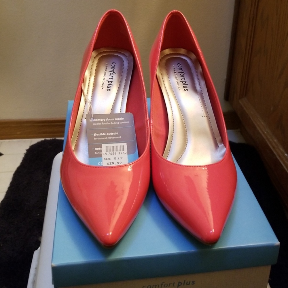 Salmon pink faux patent leather heels